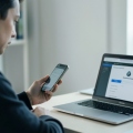 A person holding a phone showing a login verification prompt while sitting at a laptop
