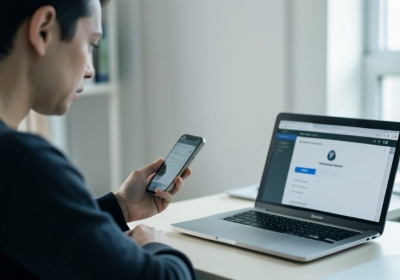 A person holding a phone showing a login verification prompt while sitting at a laptop