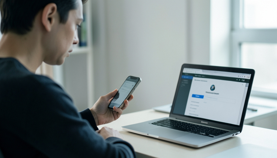 A person holding a phone showing a login verification prompt while sitting at a laptop