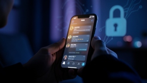 A person chatting with an AI companion app on a smartphone at night, with abstract data and lock icons implied