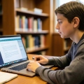 A university student reviewing an essay and document version history on a laptop at a library desk