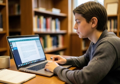 A university student reviewing an essay and document version history on a laptop at a library desk