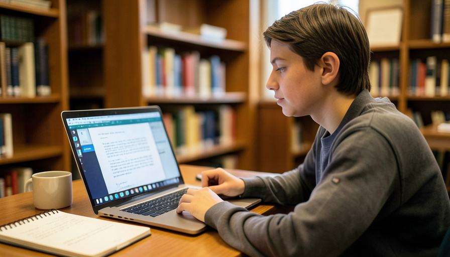 A university student reviewing an essay and document version history on a laptop at a library desk