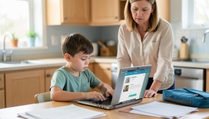 A child using an AI study app on a laptop at a kitchen table while a parent looks on