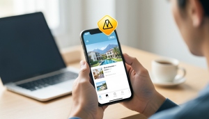 A traveler reviewing a vacation rental listing and messages on a phone
