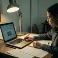 A stressed college student reviewing a document on a laptop with notes and drafts spread on the desk