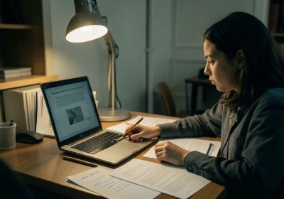 A stressed college student reviewing a document on a laptop with notes and drafts spread on the desk