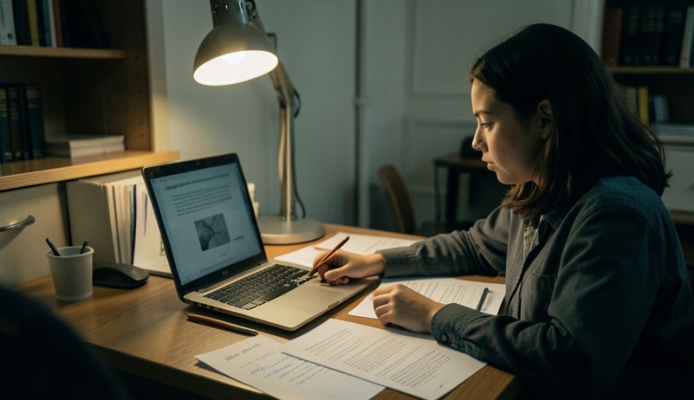 A stressed college student reviewing a document on a laptop with notes and drafts spread on the desk