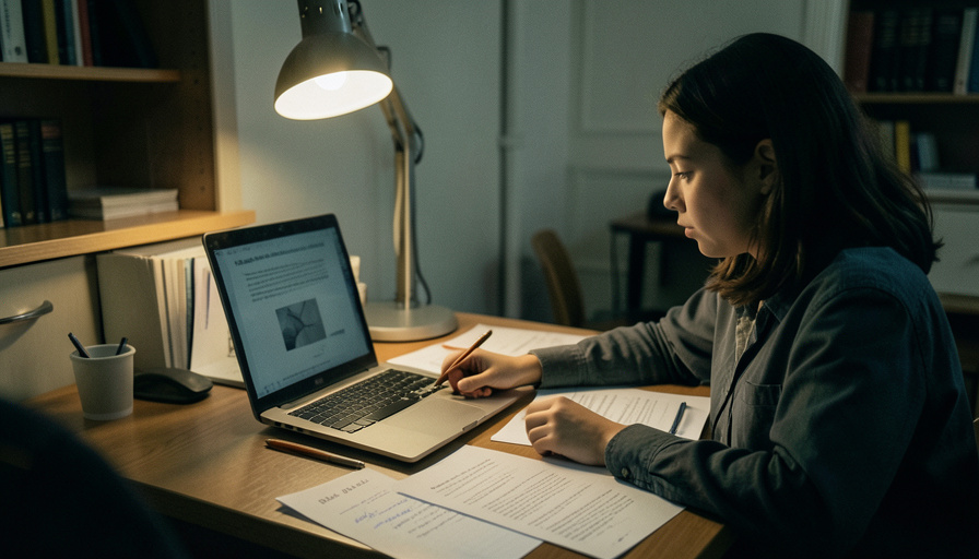 A stressed college student reviewing a document on a laptop with notes and drafts spread on the desk