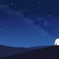 A desert scene at night under a star-filled sky with the Milky Way and a small observatory dome