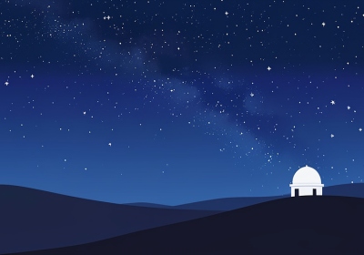 A desert scene at night under a star-filled sky with the Milky Way and a small observatory dome