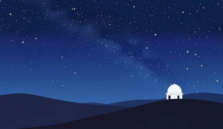 A desert scene at night under a star-filled sky with the Milky Way and a small observatory dome