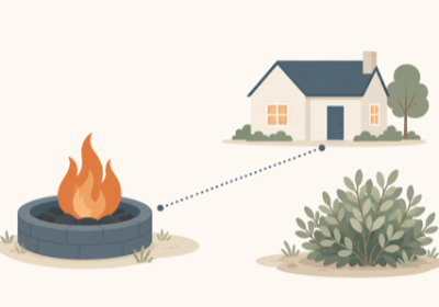 Flat illustration of a backyard fire pit with a dotted setback line to a house and a shrub nearby