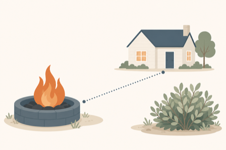 Flat illustration of a backyard fire pit with a dotted setback line to a house and a shrub nearby