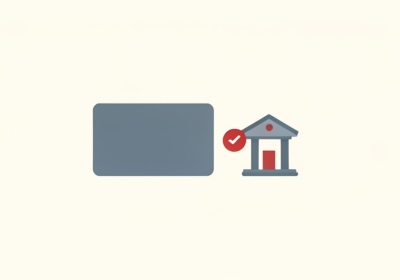 Illustration of a bank card and a bank building icon representing closing a bank account