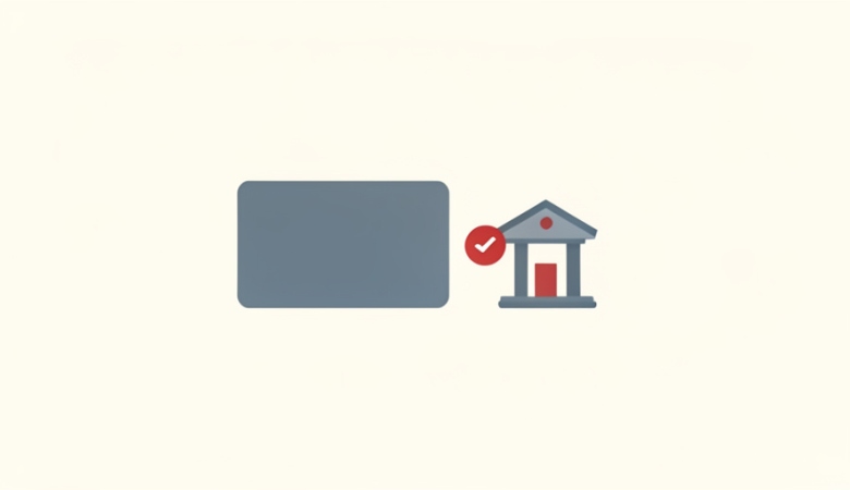 Illustration of a bank card and a bank building icon representing closing a bank account