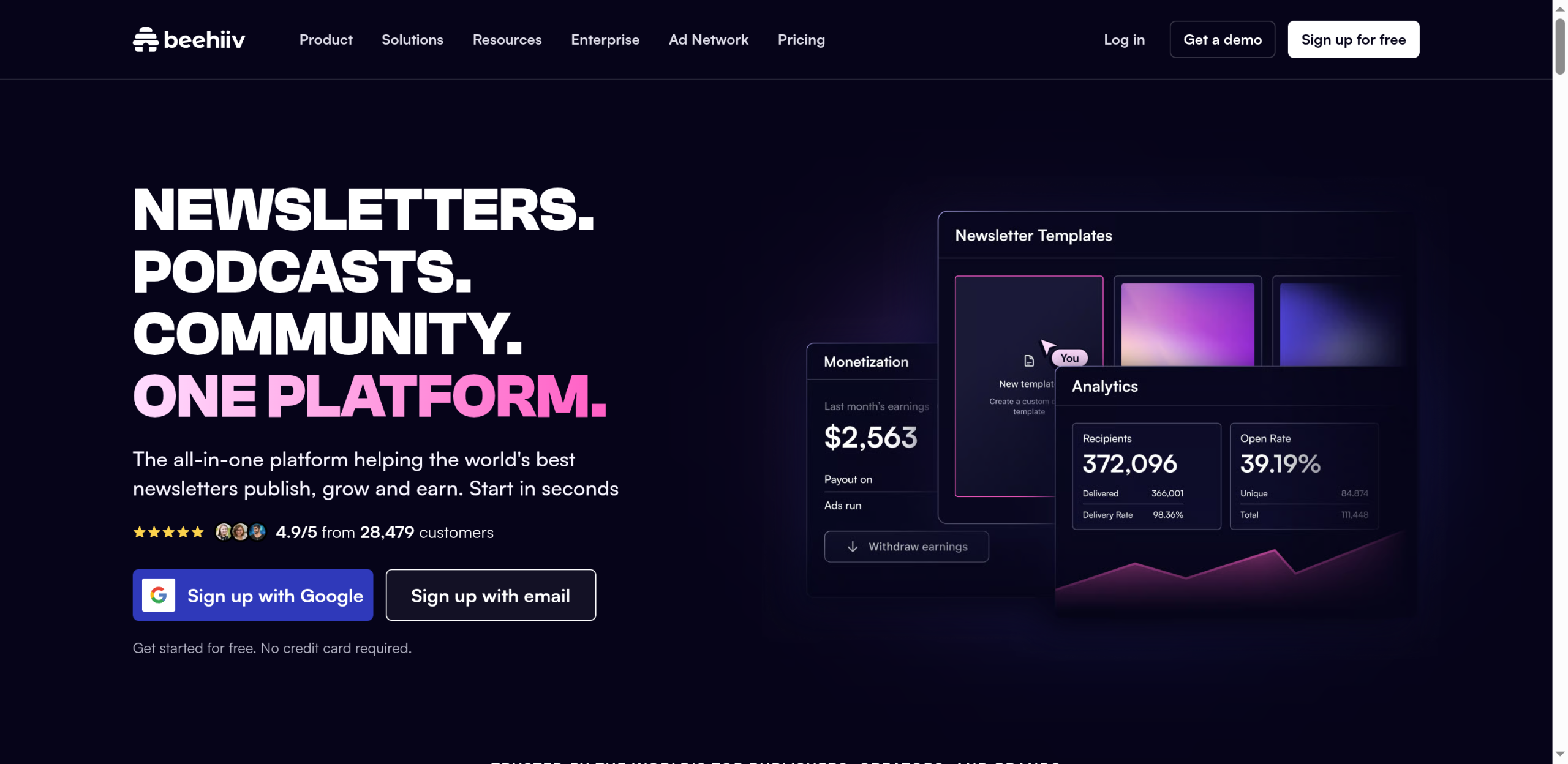beehiiv homepage with the headline newsletters, podcasts, community, one platform