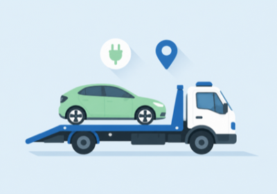 Flat illustration of a flatbed tow truck carrying an electric car with a charging plug and location pin