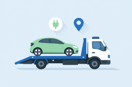 Flat illustration of a flatbed tow truck carrying an electric car with a charging plug and location pin