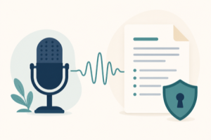 Flat illustration of a microphone linked by a sound wave to a document and a privacy shield
