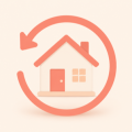 Flat illustration of a house inside a circular return arrow representing a flexible cancellation and refund