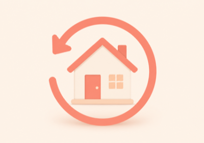 Flat illustration of a house inside a circular return arrow representing a flexible cancellation and refund