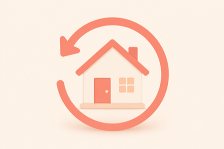 Flat illustration of a house inside a circular return arrow representing a flexible cancellation and refund