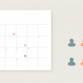 Flat illustration of a blank family calendar grid with colored dots and small person icons in different colors