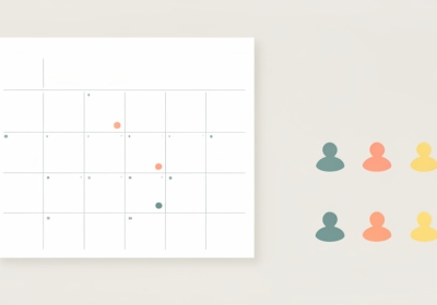 Flat illustration of a blank family calendar grid with colored dots and small person icons in different colors