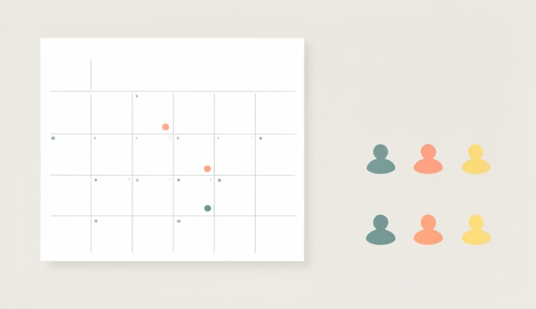 Flat illustration of a blank family calendar grid with colored dots and small person icons in different colors