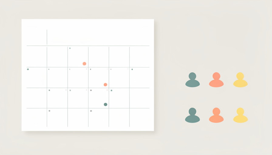 Flat illustration of a blank family calendar grid with colored dots and small person icons in different colors