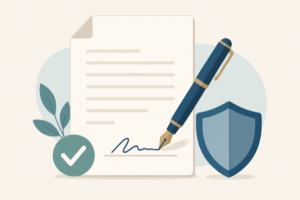 Flat illustration of a document being signed with a pen, next to a green checkmark and a shield