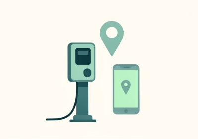 Illustration of an EV charging station with a map pin and a smartphone showing a map dot, representing charging apps