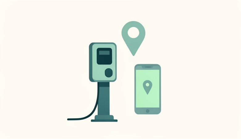 Illustration of an EV charging station with a map pin and a smartphone showing a map dot, representing charging apps
