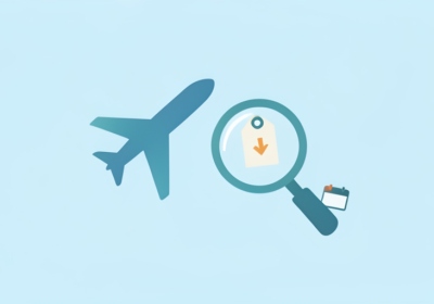 Flat illustration of an airplane and a magnifying glass over a price tag with a downward arrow and a calendar