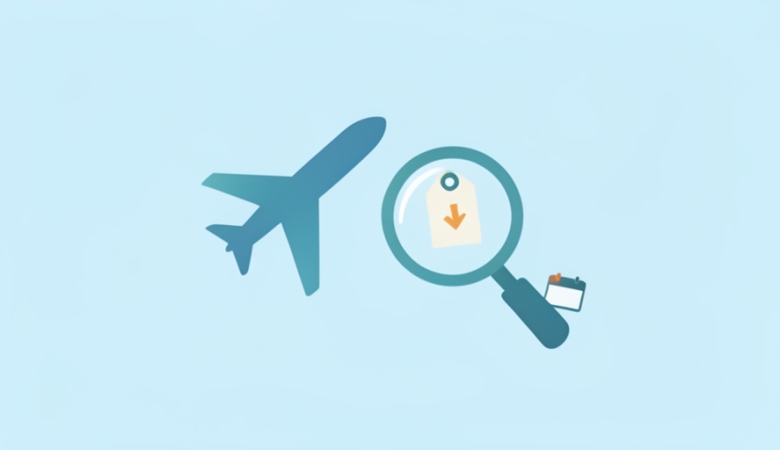 Flat illustration of an airplane and a magnifying glass over a price tag with a downward arrow and a calendar
