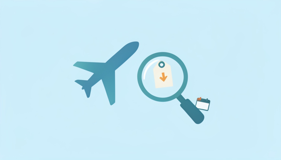 Flat illustration of an airplane and a magnifying glass over a price tag with a downward arrow and a calendar