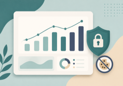 Flat illustration of an analytics dashboard with a bar chart, a privacy shield, and a crossed-out cookie