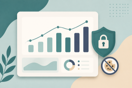 Flat illustration of an analytics dashboard with a bar chart, a privacy shield, and a crossed-out cookie