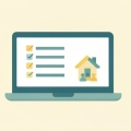 Flat illustration of a laptop showing a checklist next to a small house icon with people, representing home learning