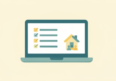 Flat illustration of a laptop showing a checklist next to a small house icon with people, representing home learning