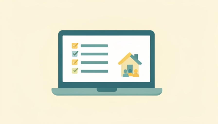 Flat illustration of a laptop showing a checklist next to a small house icon with people, representing home learning