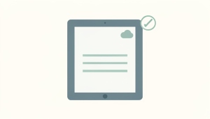 Illustration of a tablet showing a document with a cloud and checkmark, representing offline document editing on iPad