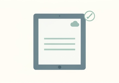 Illustration of a tablet showing a document with a cloud and checkmark, representing offline document editing on iPad