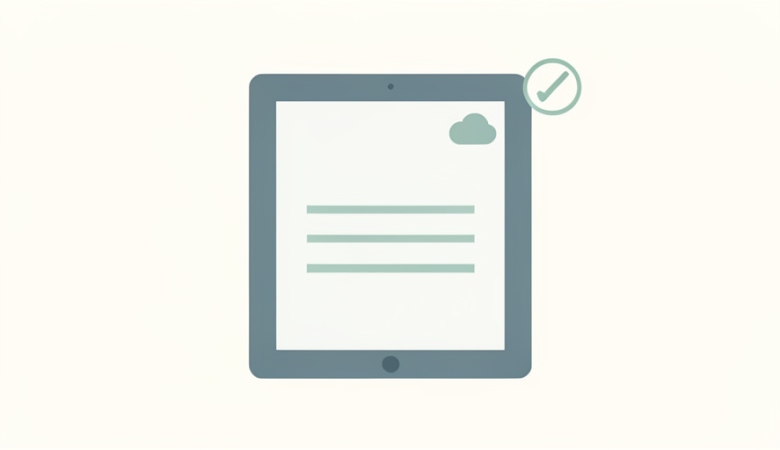 Illustration of a tablet showing a document with a cloud and checkmark, representing offline document editing on iPad