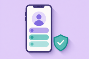 Flat illustration of a phone showing a profile page with link buttons and a privacy shield
