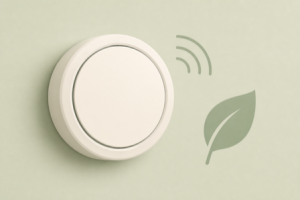 Flat illustration of a round wall thermostat with a wireless signal arc and a leaf representing an energy-saving smart thermostat
