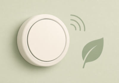 Flat illustration of a round wall thermostat with a wireless signal arc and a leaf representing an energy-saving smart thermostat
