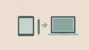Flat illustration of a tablet and a laptop with a pencil and a sync arrow between them