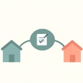 Illustration of two houses connected to a central document with a check mark, representing shared co-parenting records